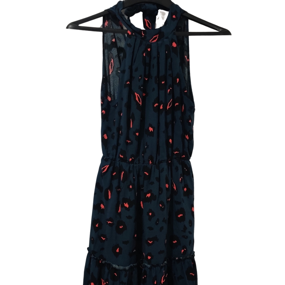 BTFBM Teal Leopard Cheetah Print Open Back Tiered Flowy Halter Dress Size M